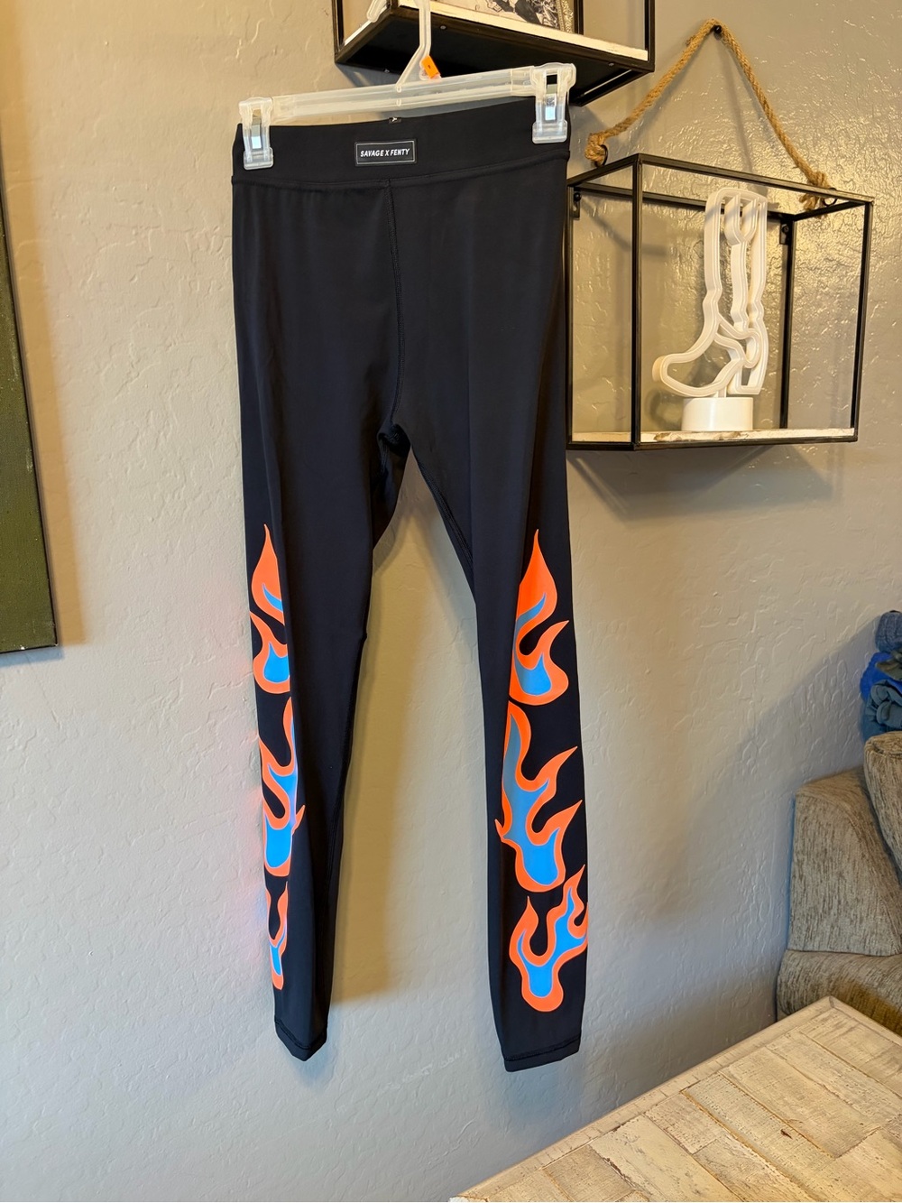Savage X Fenty Black Leggings with Orange and Blue Flame Side Panels